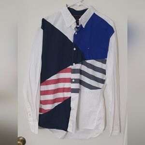Vintage Tommy Hilfiger Color Block Men's Shirt - Navy, Blue, Red, White XL